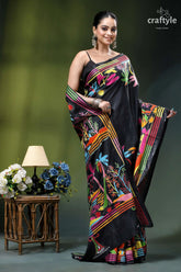 Ebony black hand embroidery kantha silk saree - nature theme black silk saree vibrant colorful 4