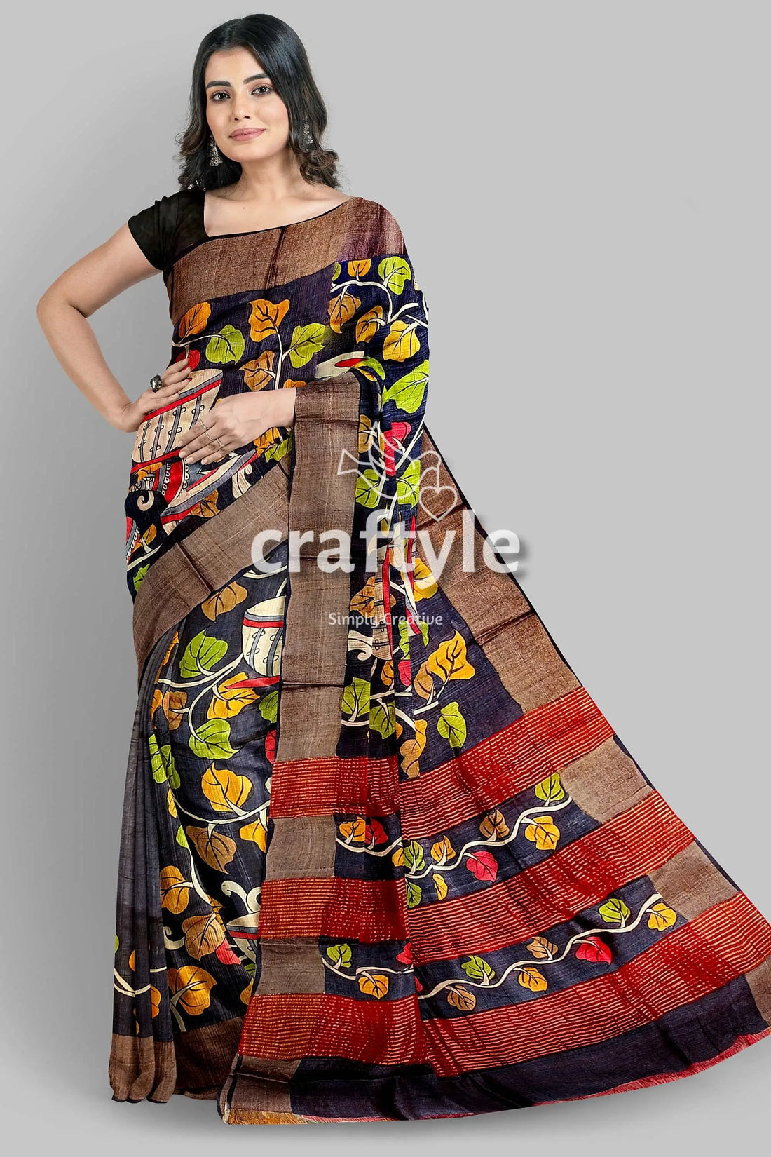 Ebony black hand-painted pure tussar kalamkari saree with zari border woman black saree leaf vine 1