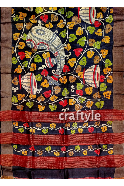 Ebony black hand-painted pure tussar kalamkari saree with zari border hand-painted black saree elephant drum 6