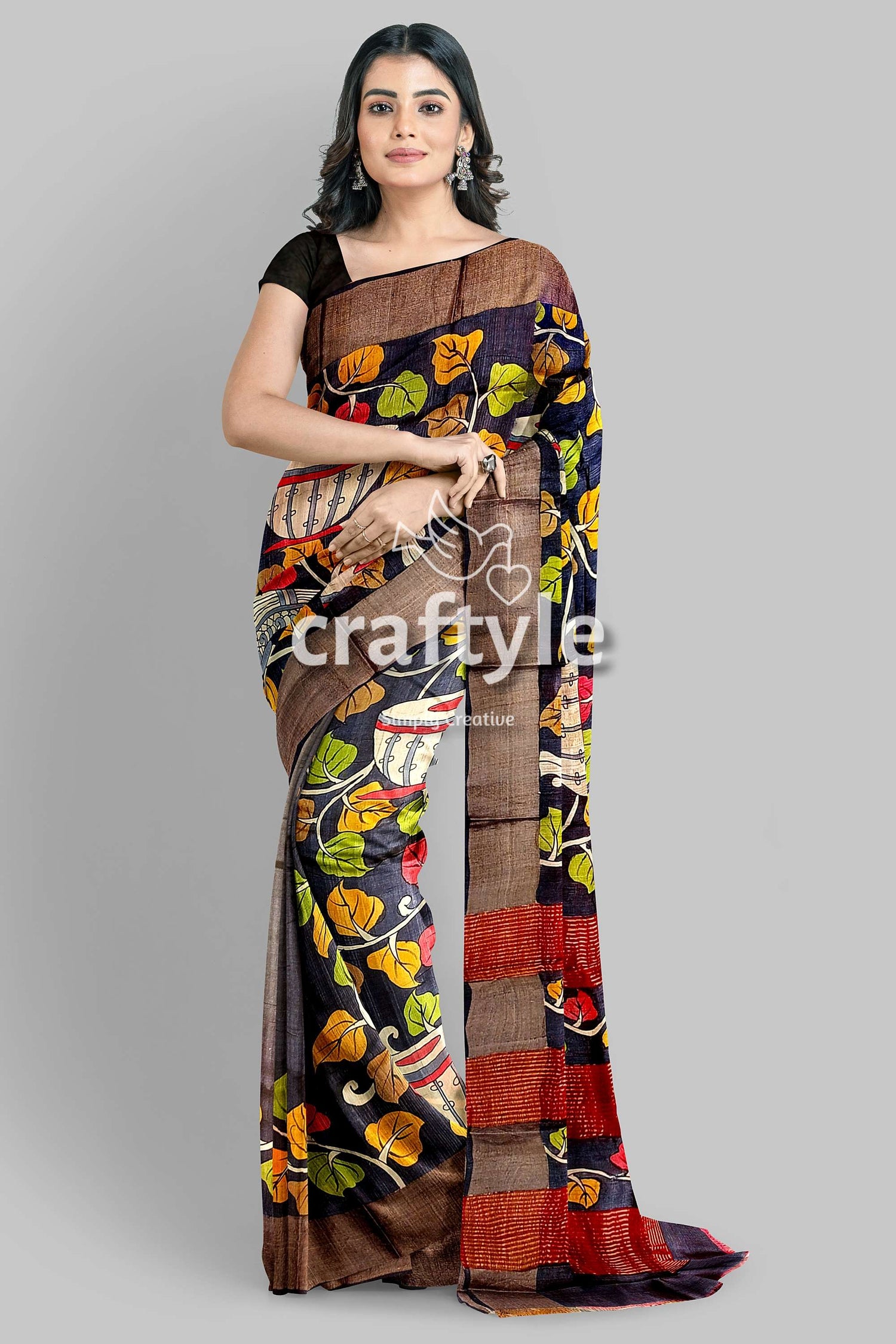 Ebony Black Hand-Painted Pure Tussar Kalamkari Saree with Zari Border - Craftyle