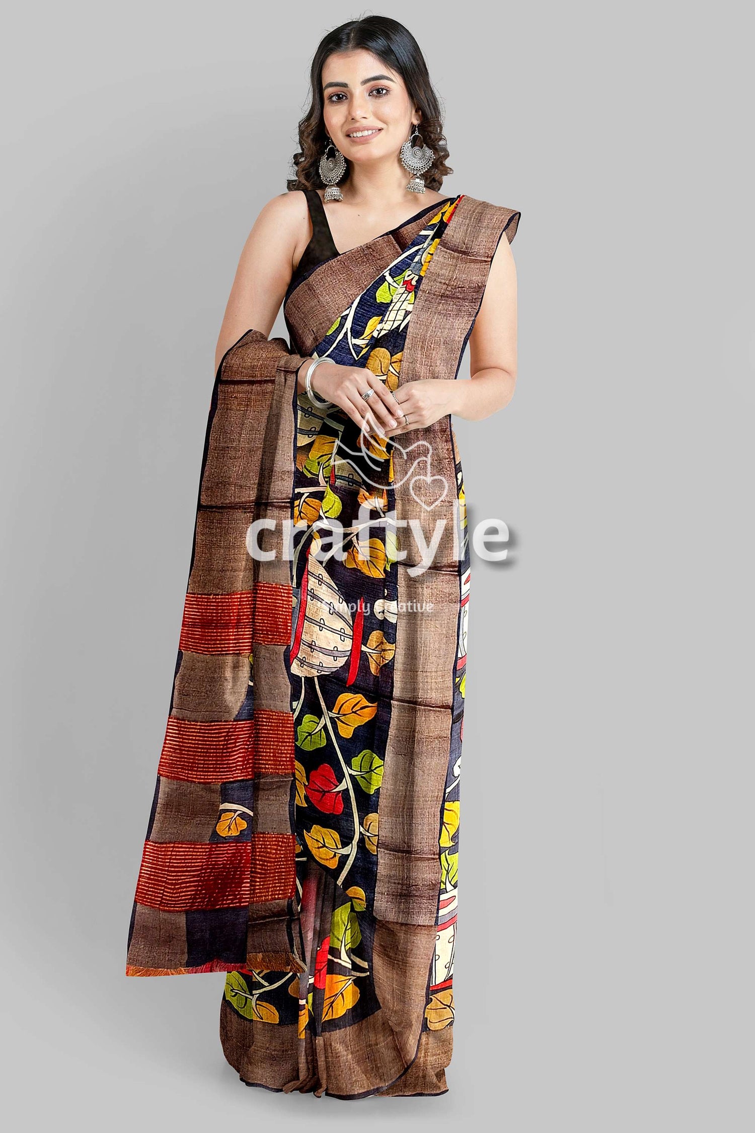 Ebony Black Hand-Painted Pure Tussar Kalamkari Saree with Zari Border - Craftyle