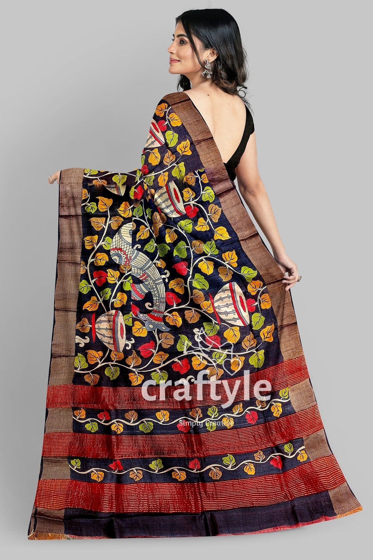 Ebony Black Hand-Painted Pure Tussar Kalamkari Saree with Zari Border - Craftyle