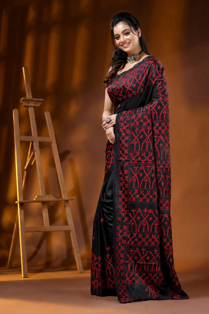 Ebony black handcrafted silk gujarati stitch saree - red thread ethnic design 3