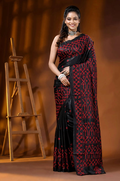 Ebony black handcrafted silk gujarati stitch saree - red thread ethnic design 1