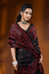 Ebony black handcrafted silk gujarati stitch saree - red thread ethnic design 2