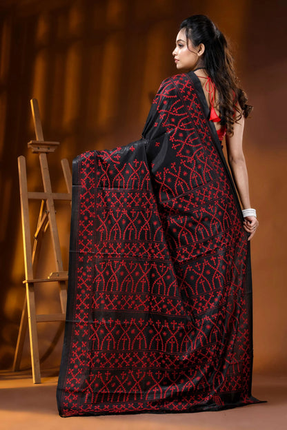 Ebony black handcrafted silk gujarati stitch saree - red thread ethnic design 5
