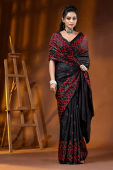 Ebony black handcrafted silk gujarati stitch saree - red thread ethnic design 4