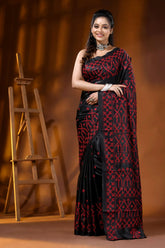 Ebony black handcrafted silk gujarati stitch saree - red thread ethnic design 6