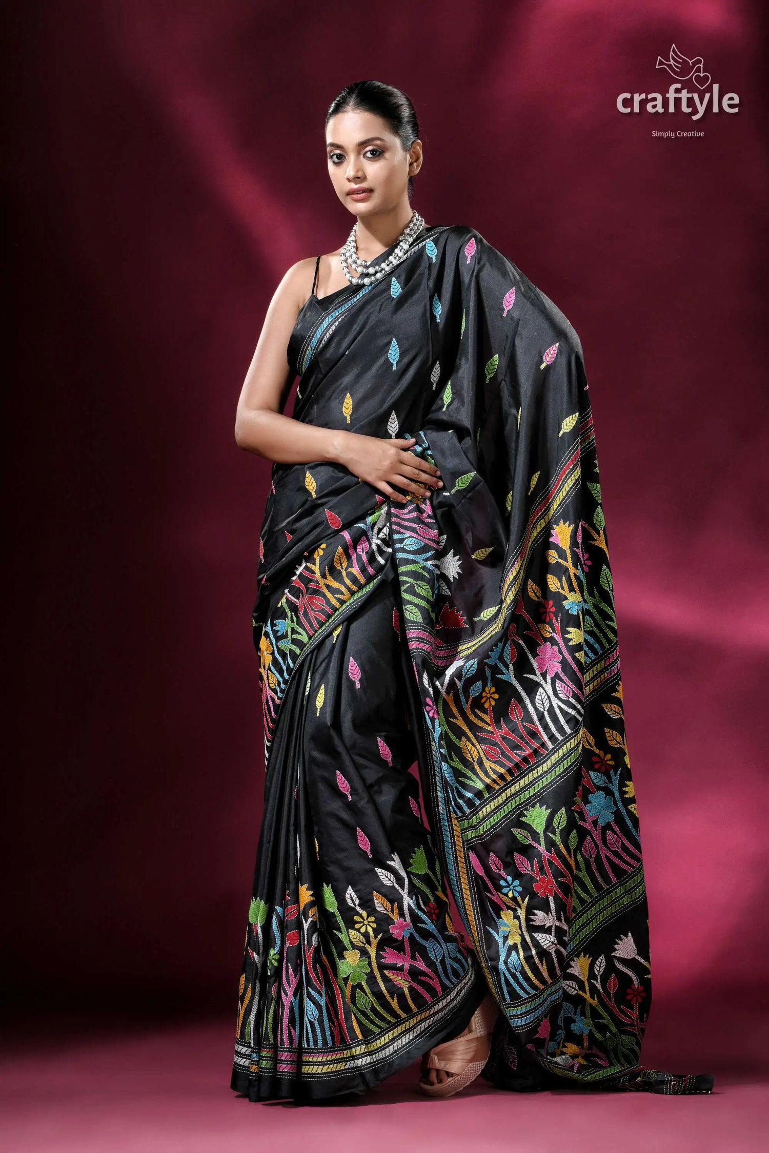 Ebony black kantha stitch blended bangalore silk saree with blouse piece black saree colorful floral embroidery 4