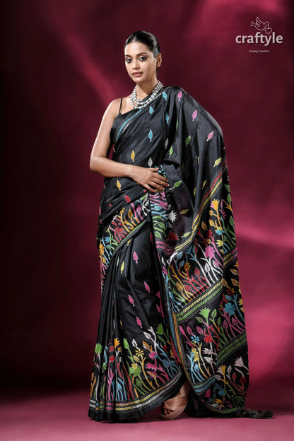 Ebony black kantha stitch blended bangalore silk saree with blouse piece black saree colorful floral embroidery 4