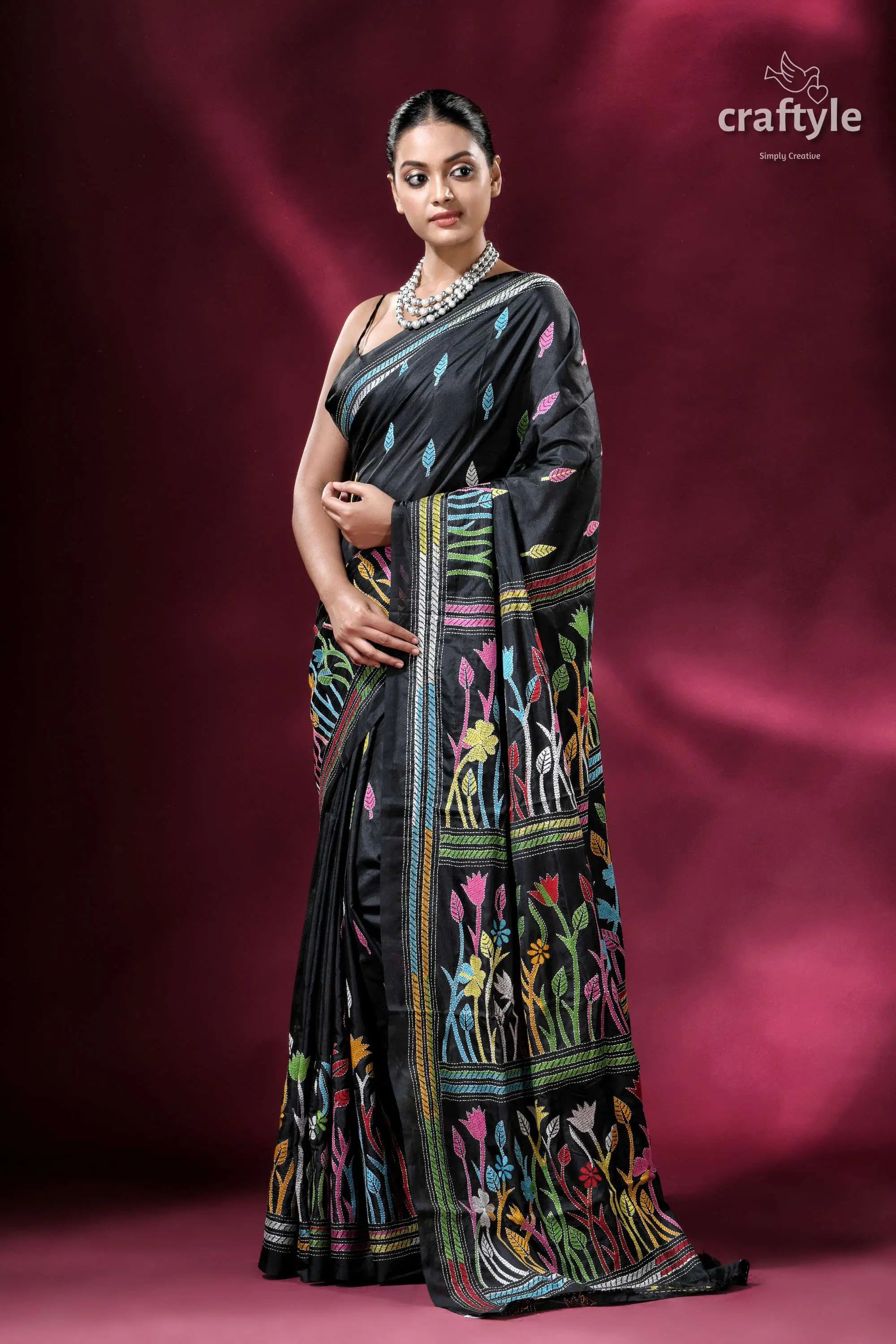 Ebony black kantha stitch blended bangalore silk saree with blouse piece elegant black saree colorful floral 3