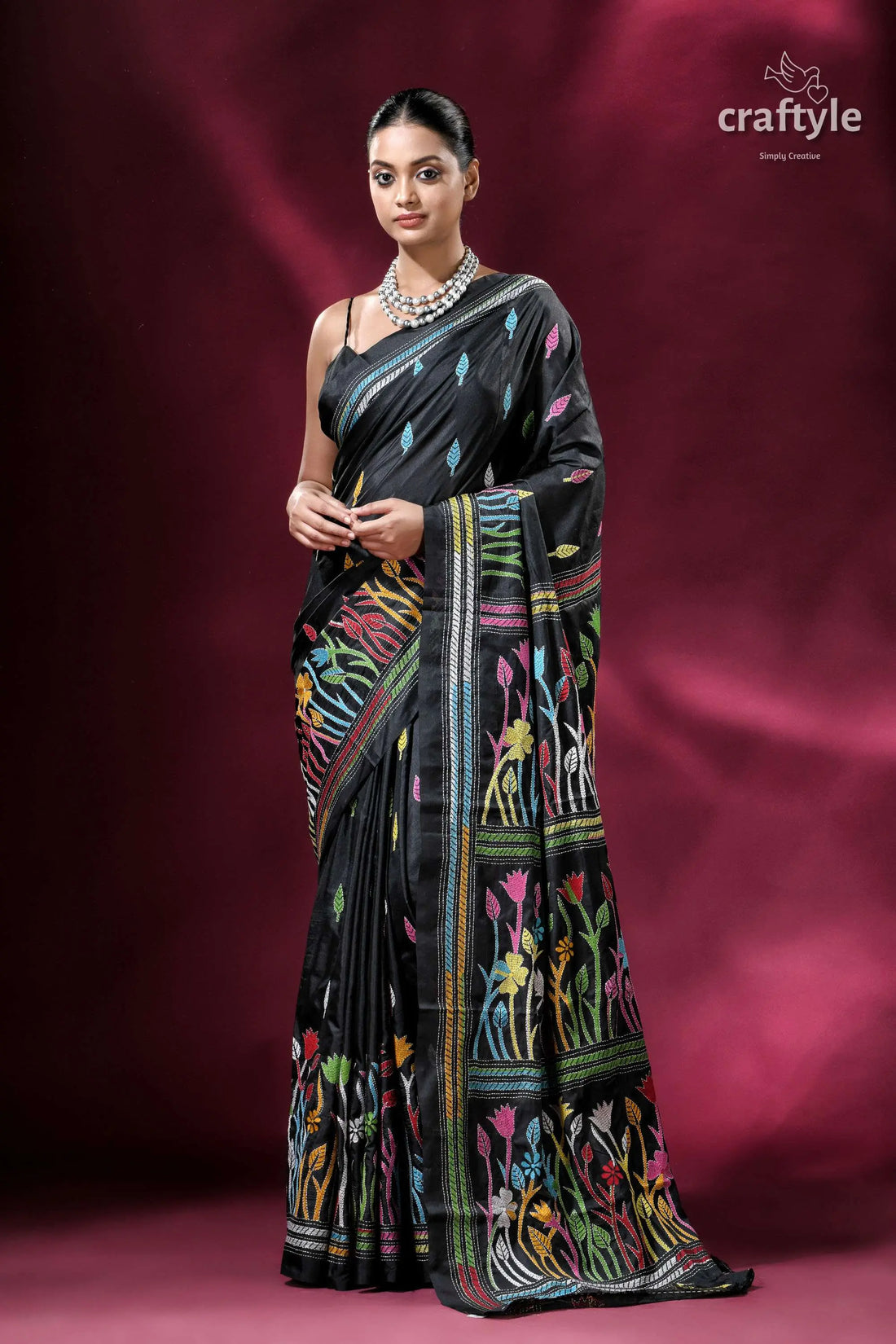 Ebony black kantha stitch blended bangalore silk saree with blouse piece black saree colorful floral embroidery 1