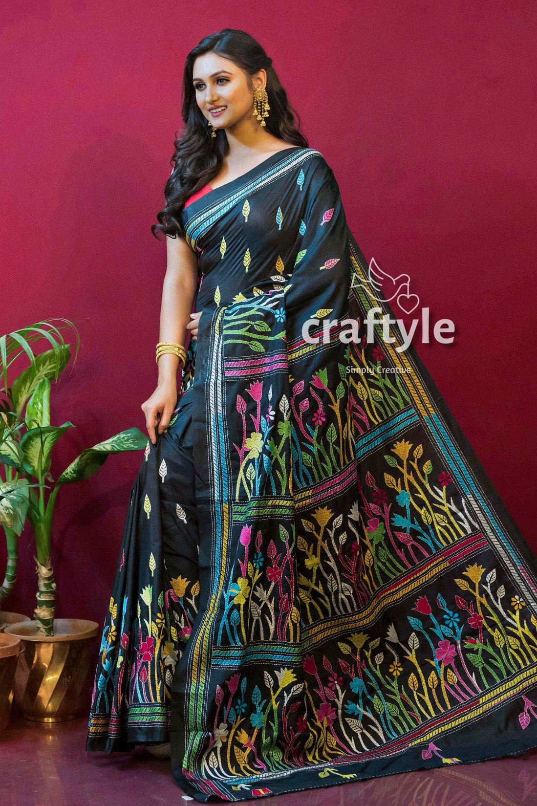 Ebony Black Kantha Stitch Blended Bangalore Silk Saree with Blouse Piece-Craftyle