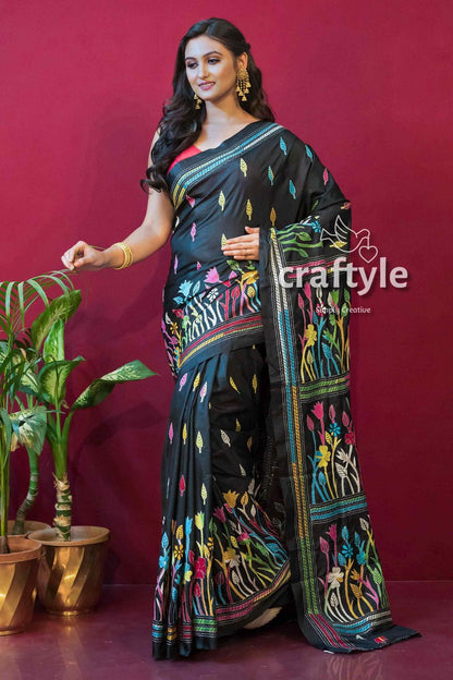 Ebony Black Kantha Stitch Blended Bangalore Silk Saree with Blouse Piece-Craftyle