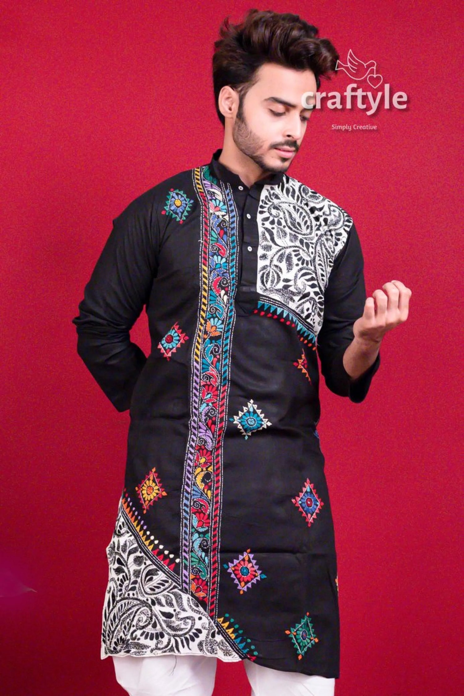 Ebony black kantha work hand embroidered men’s kurta full-sleeve cotton 4