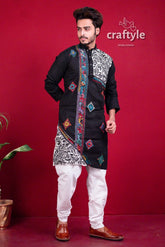 Ebony black kantha work hand embroidered men’s kurta white 2