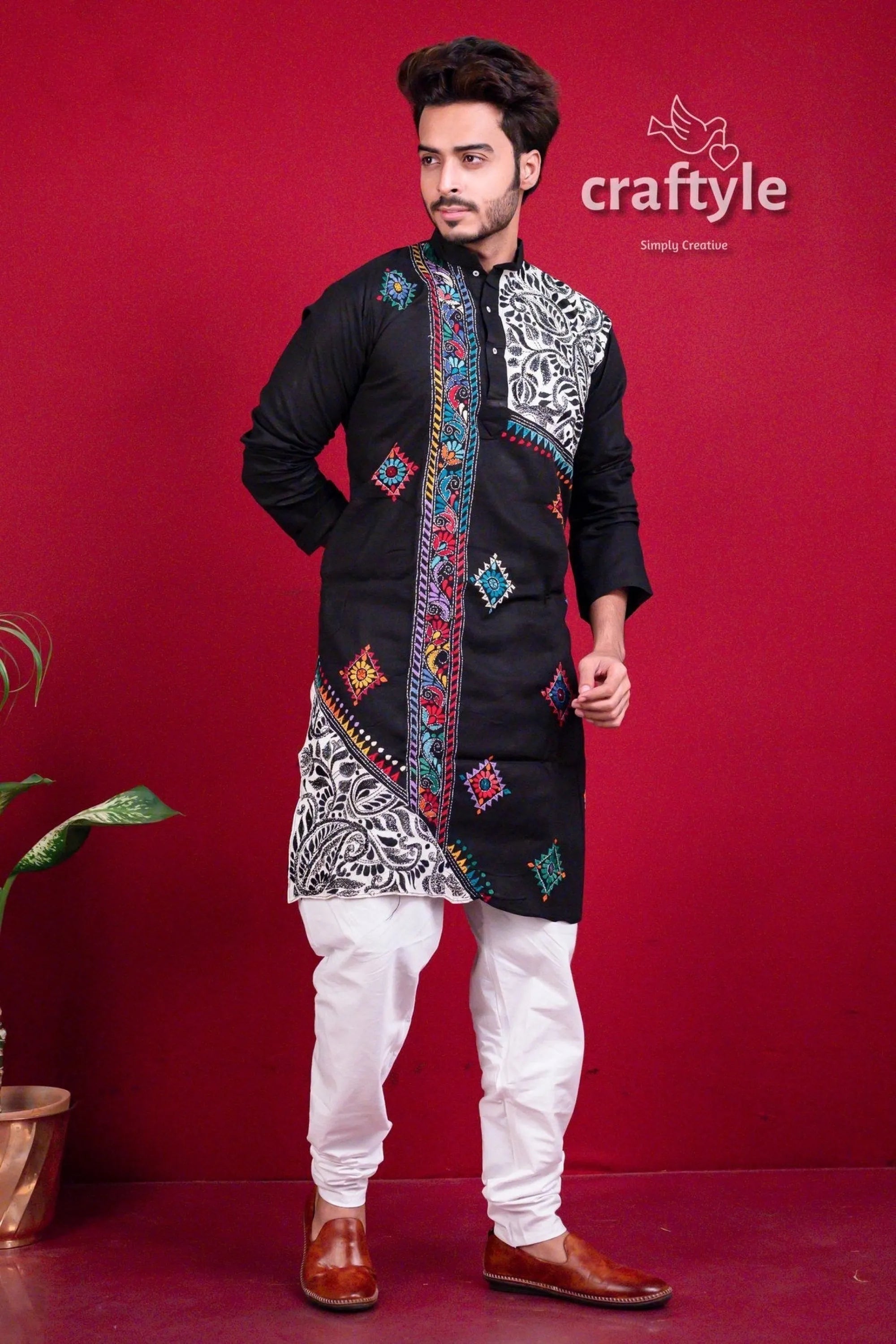 Ebony black kantha work hand embroidered men’s kurta white 2