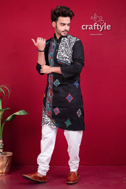 Ebony black kantha work hand embroidered men’s kurta colorful embroidery 3