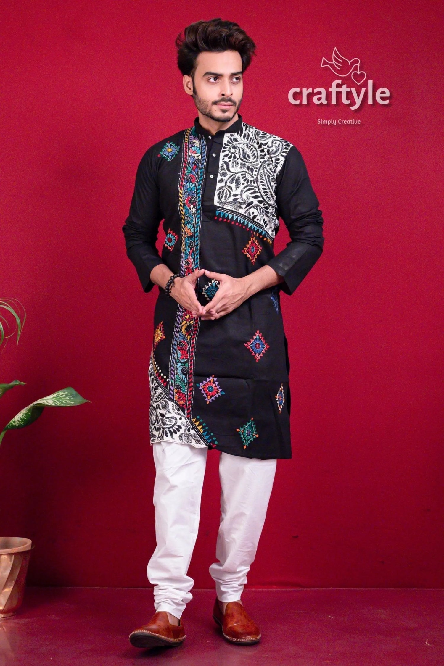 Ebony black kantha work hand embroidered men’s kurta colorful embroidery 5