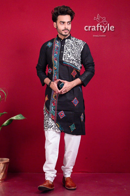 Ebony black kantha work hand embroidered men’s kurta colorful embroidery 5