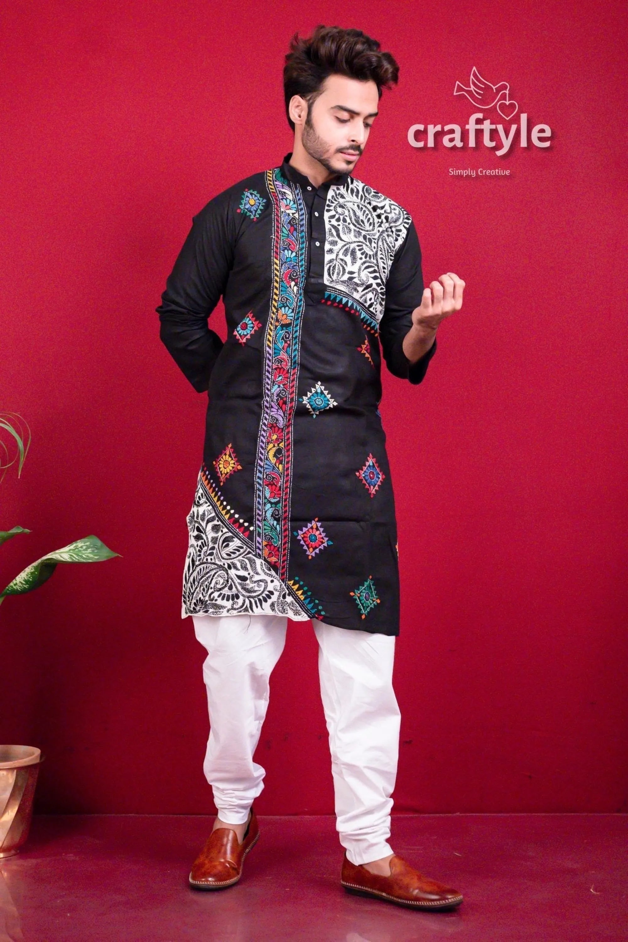 Ebony black kantha work hand embroidered men’s kurta colorful embroidery 1