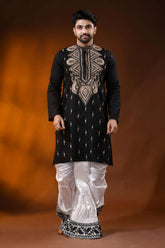 Ebony black men’s cotton kantha kurta - beige floral handcrafted 1