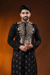 Ebony black men’s cotton kantha kurta - beige floral handcrafted 2