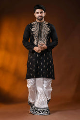 Ebony black men’s cotton kantha kurta - beige floral handcrafted 6