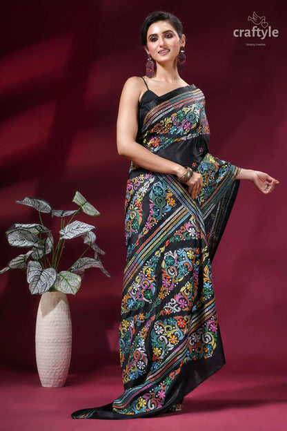 Ebony black multi-thread floral silk kantha work saree black silk saree adorned vibrant 4