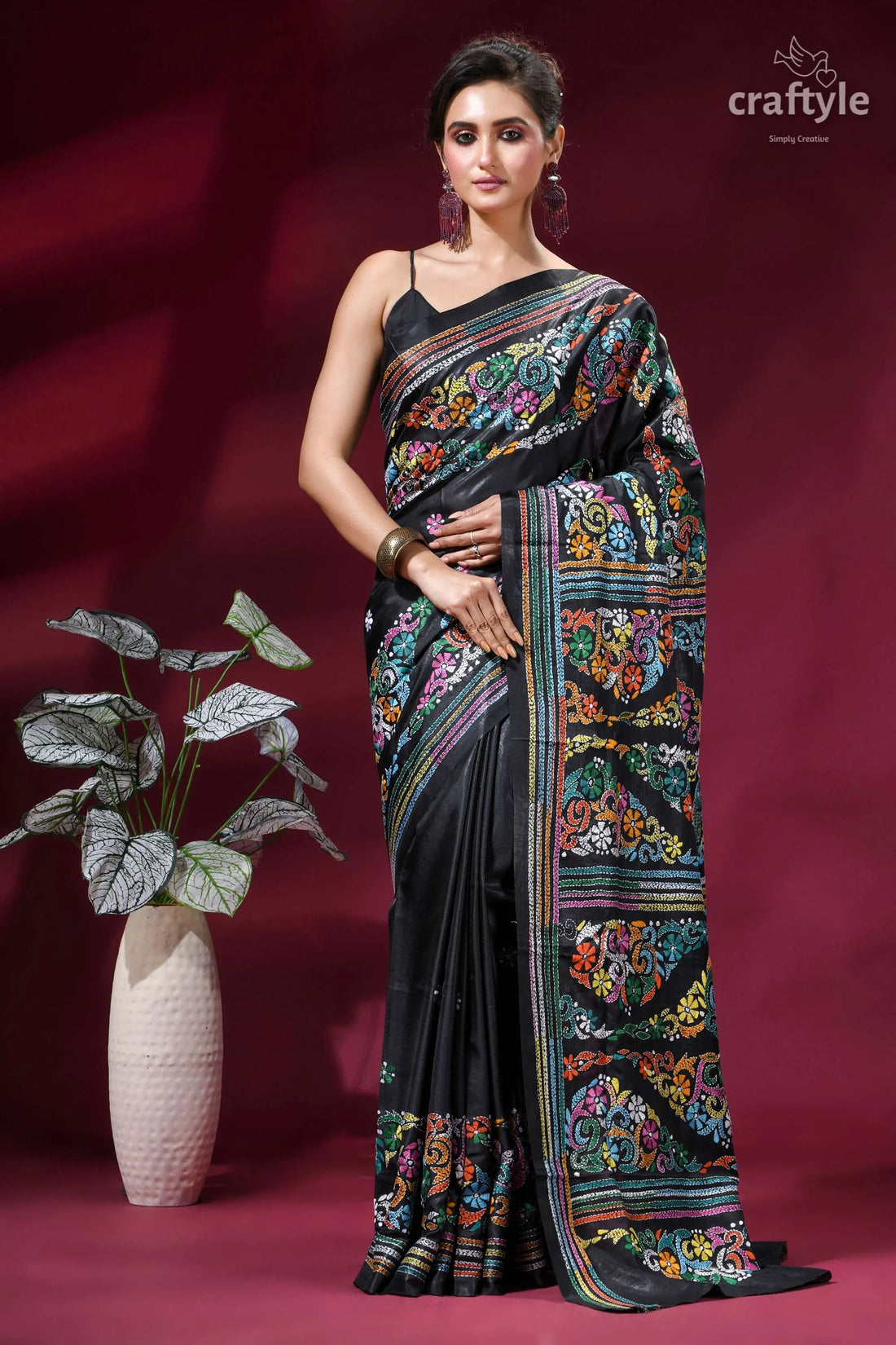 Ebony black multi-thread floral silk kantha work saree black silk saree vibrant multicolored 1