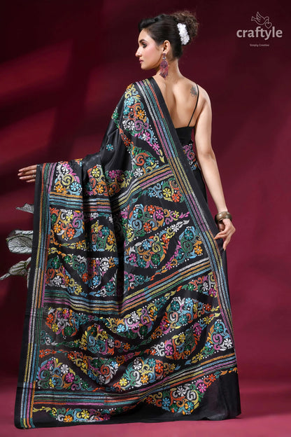 Ebony black multi-thread floral silk kantha work saree black embroidered saree vibrant multicolored 5
