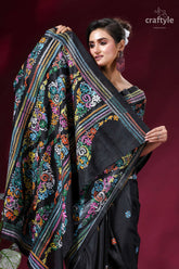 Ebony black multi-thread floral silk kantha work saree black silk saree vibrant multicolored 2