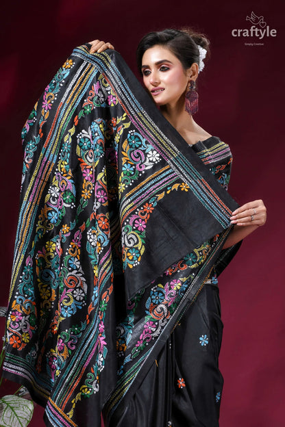 Ebony black multi-thread floral silk kantha work saree black silk saree vibrant multicolored 2