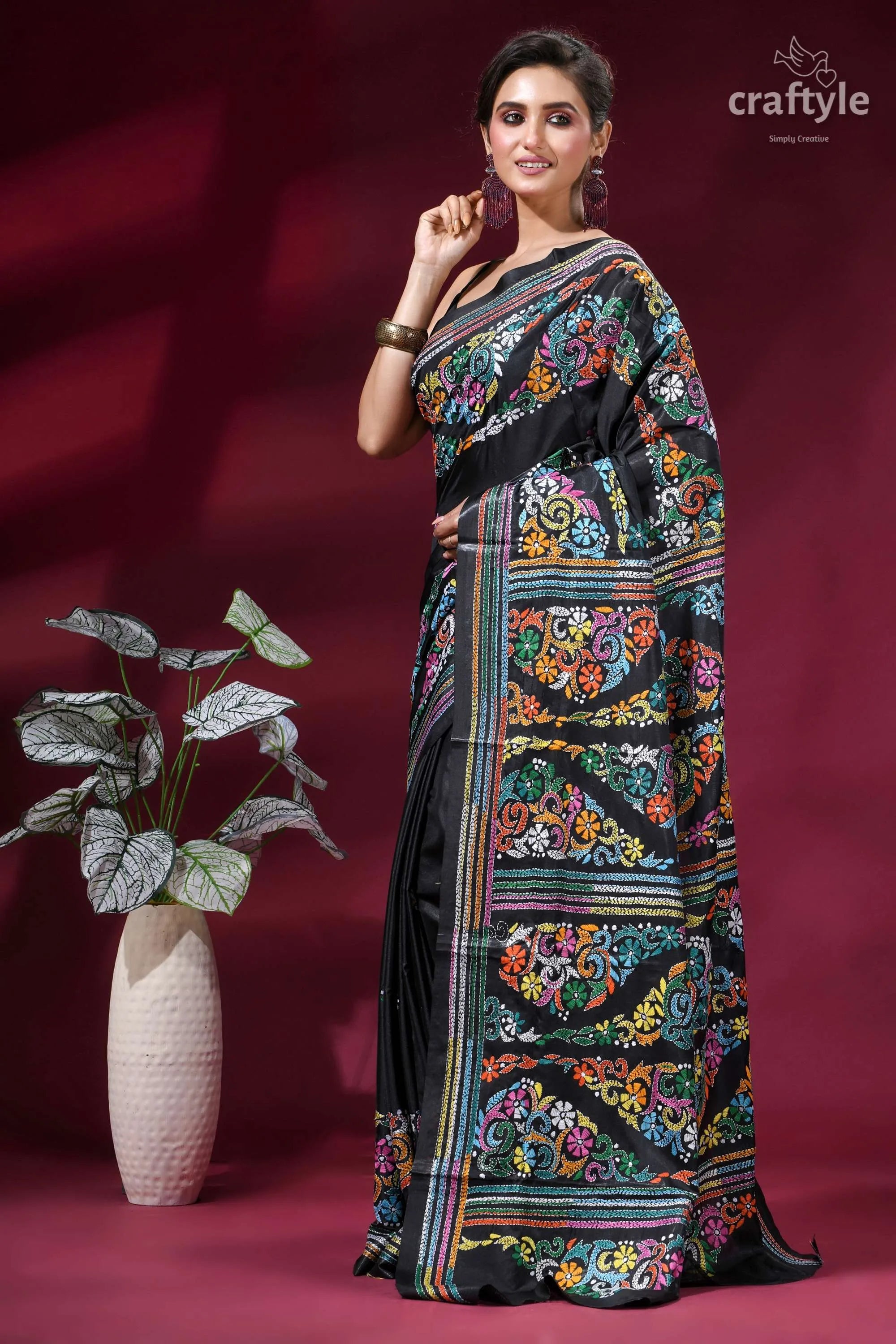 Ebony black multi-thread floral silk kantha work saree black saree vibrant multicolored floral 3