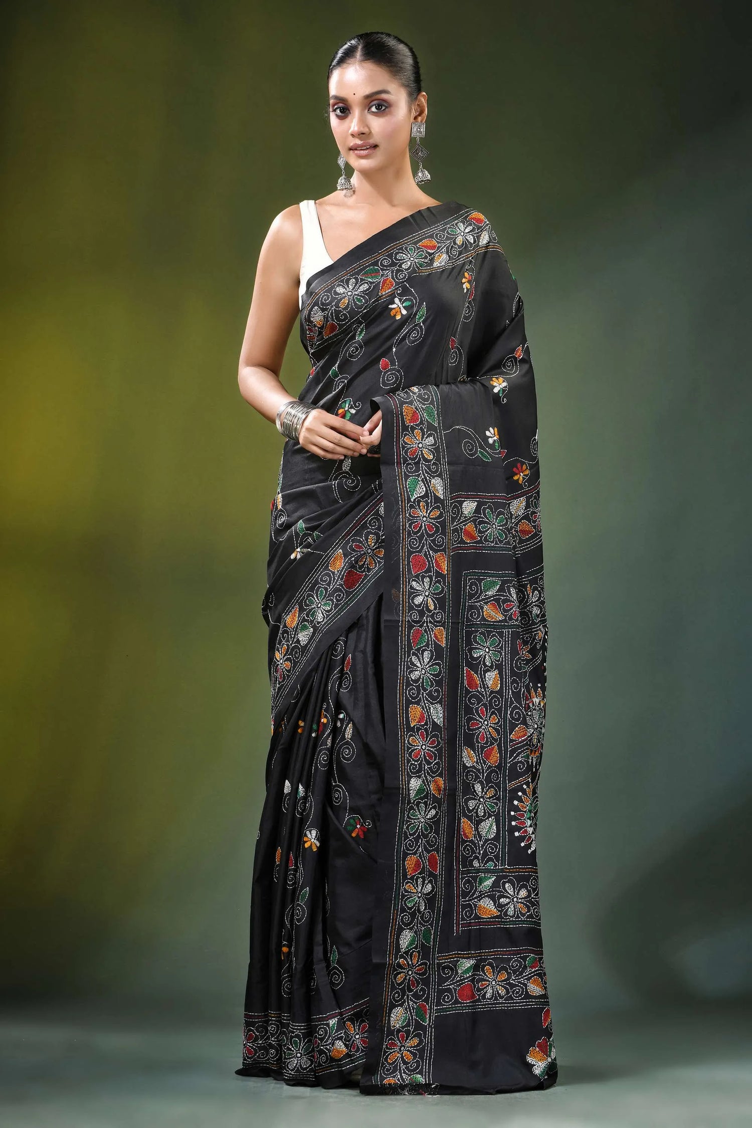 Ebony black multicolor floral motif silk kantha stitch saree adorned intricate 1