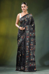 Ebony black multicolor floral motif silk kantha stitch saree adorned intricate 1