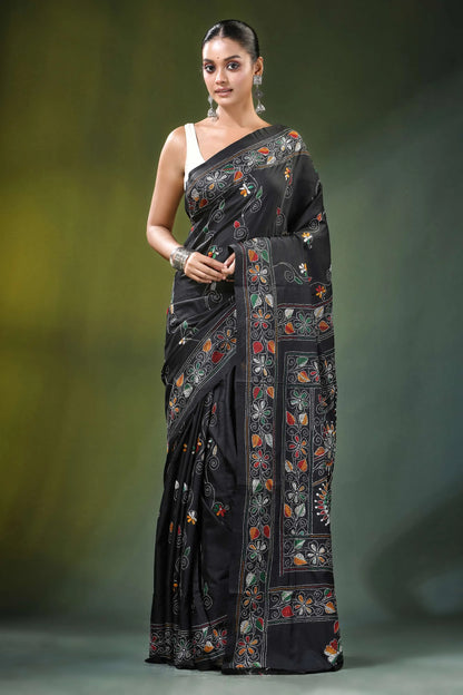 Ebony black multicolor floral motif silk kantha stitch saree adorned intricate 1