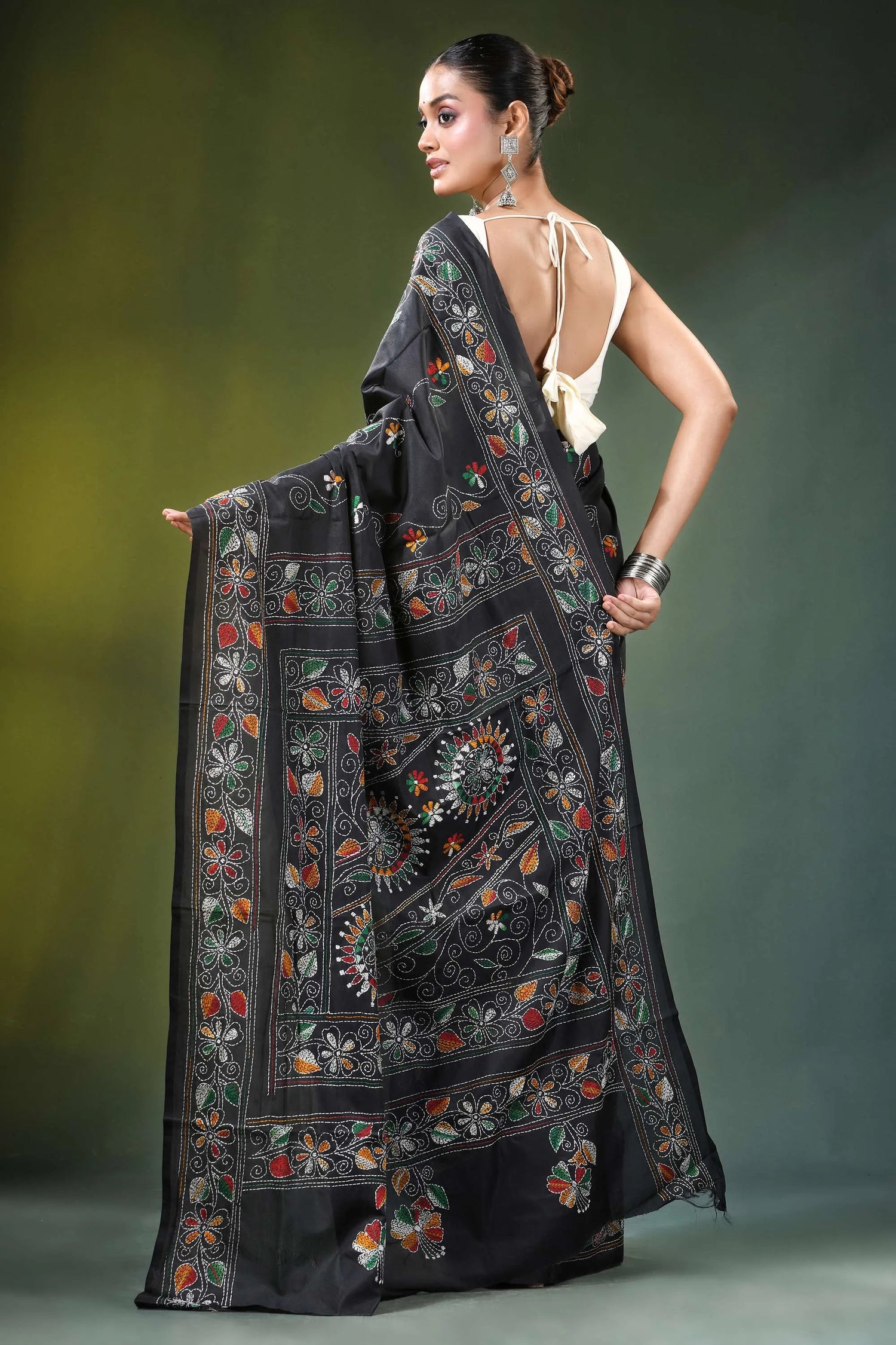 Ebony black multicolor floral motif silk kantha stitch saree intricate multicolored 5