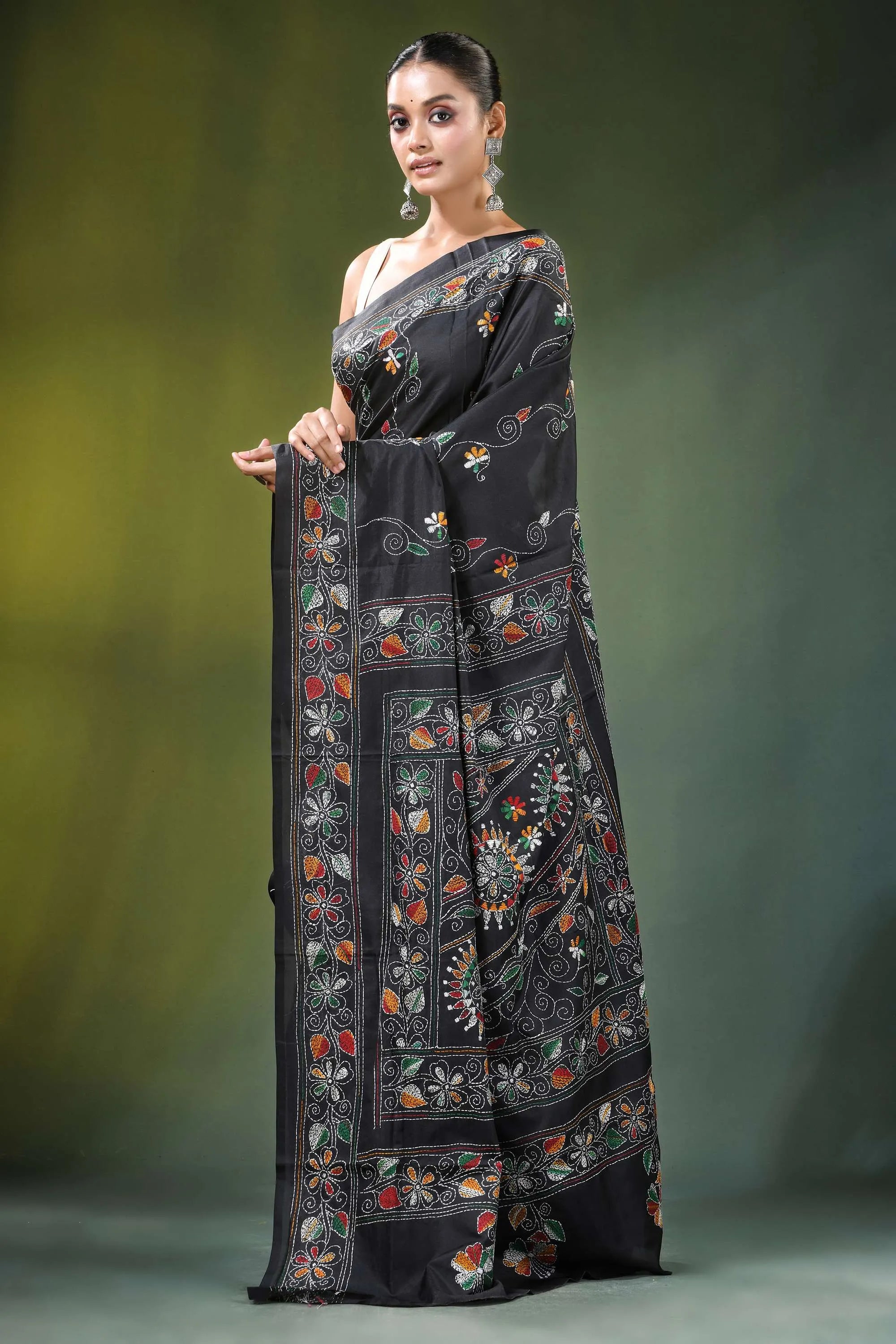 Ebony black multicolor floral motif silk kantha stitch saree intricate multicolored 3