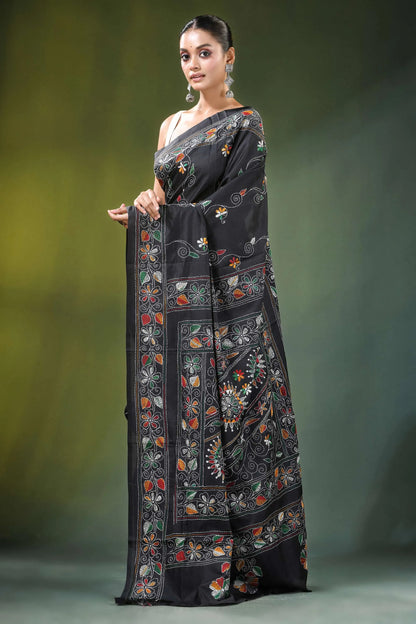 Ebony black multicolor floral motif silk kantha stitch saree intricate multicolored 3