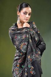 Ebony black multicolor floral motif silk kantha stitch saree embroidered intricate 2