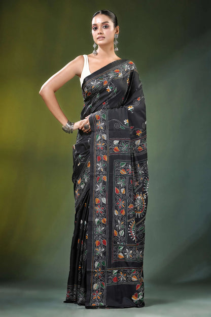 Ebony black multicolor floral motif silk kantha stitch saree intricate multicolored 6