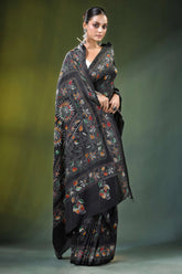 Ebony black multicolor floral motif silk kantha stitch saree intricate multicolored 4