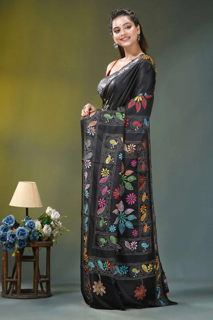 Ebony black multicolor flower design kantha stitch silk saree black silk saree vibrant multicolored 3