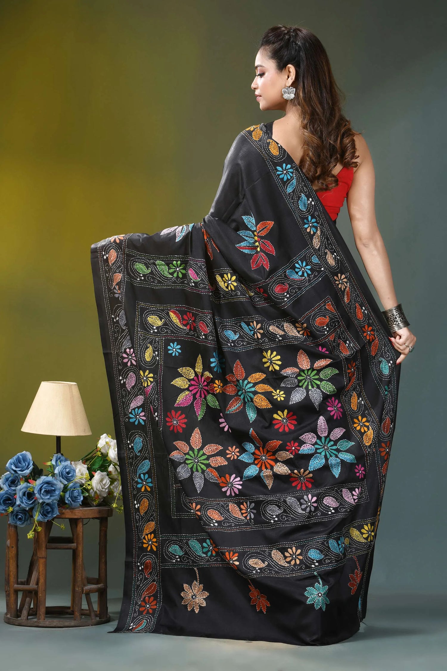Ebony black multicolor flower design kantha stitch silk saree black silk saree vibrant multicolored 4