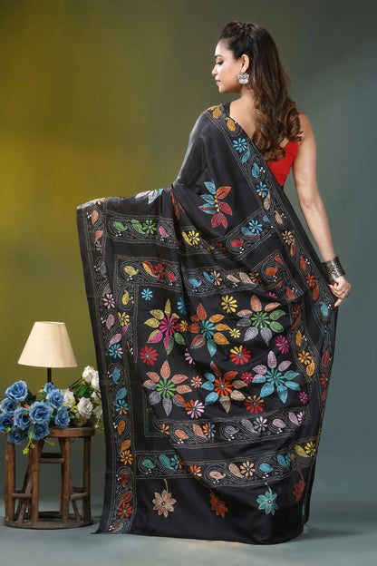 Ebony black multicolor flower design kantha stitch silk saree black silk saree vibrant multicolored 4