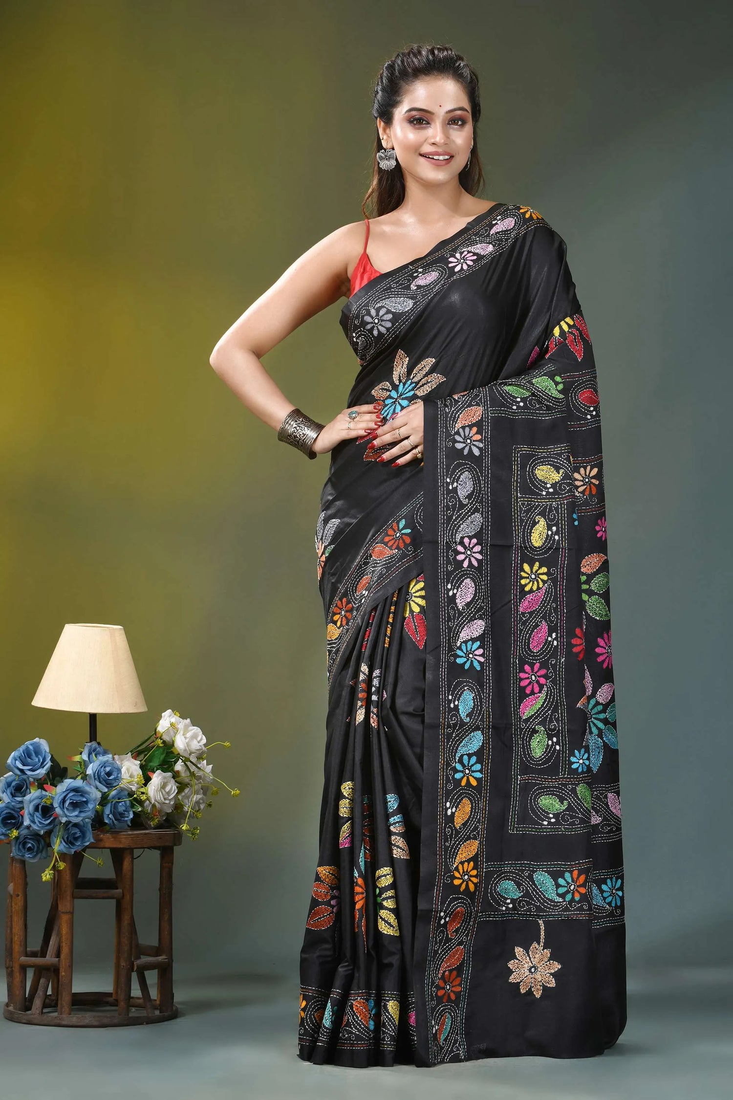 Ebony black multicolor flower design kantha stitch silk saree black silk saree adorned vibrant 6