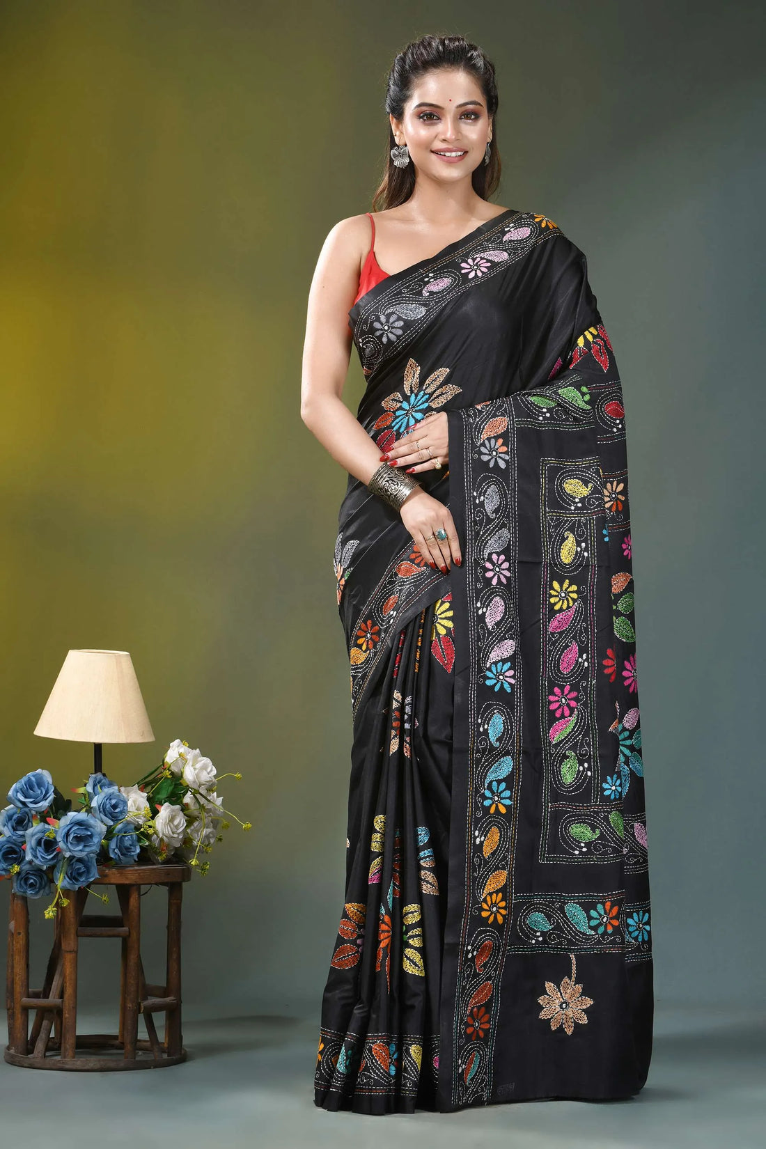 Ebony black multicolor flower design kantha stitch silk saree black silk saree adorned vibrant 1