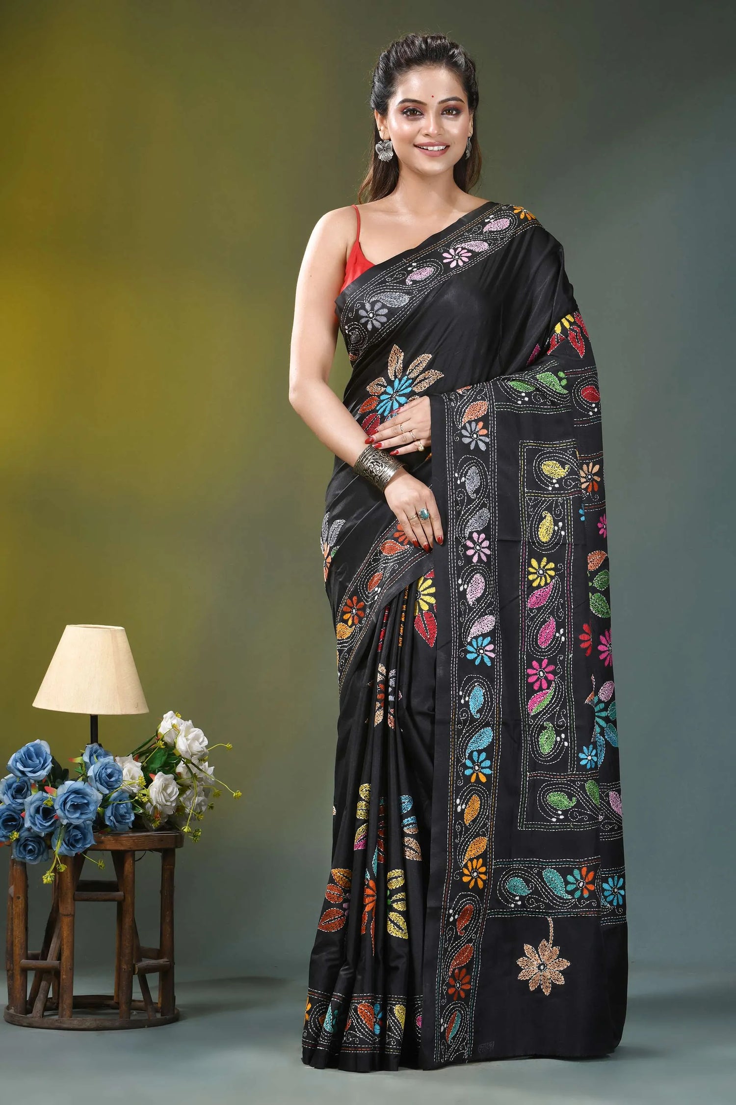 Ebony black multicolor flower design kantha stitch silk saree black silk saree adorned vibrant 1