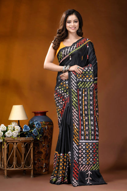 Ebony black multicolor hand-stitched kutch work silk saree with mirror detailing black saree intricate multicolored